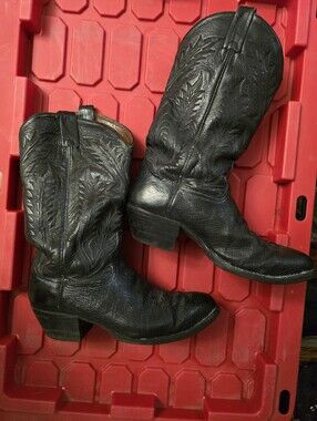 Tony Lama Black Bullhide Western Cowboy Boots with Embroidered Shaft